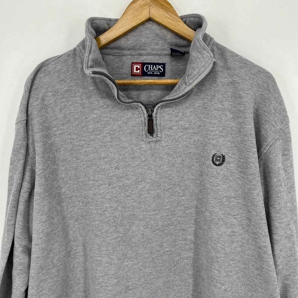 Chaps‎ Mens XXL Gray Ribbed 100% Cotton Quarter Zip Pullover Sweater Logo